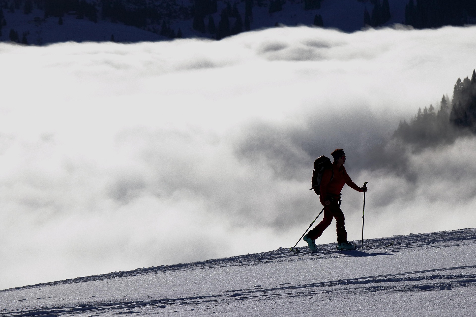 Skieur de randonnée montant dans la poudreuse